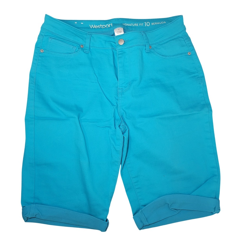 Westport Signature Fit Bermuda Shorts Womens 10 Teal Blue Cotton Stretch Denim
